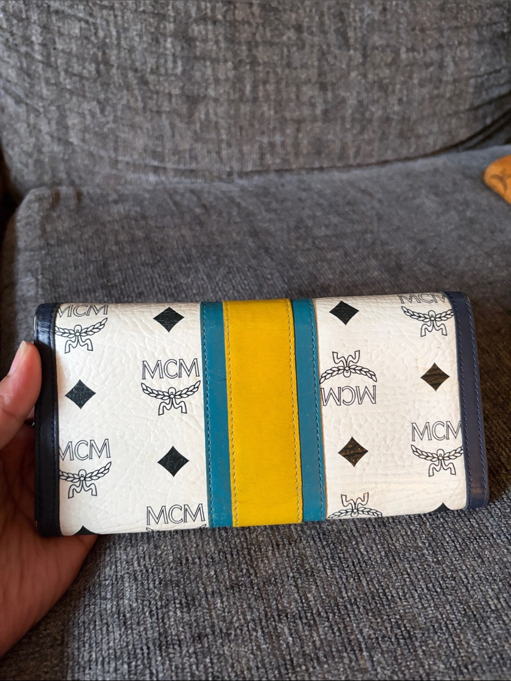 MCM White Logo Continental Wallet with Yellow and Teal Center Stripe - Picture 2 of 8